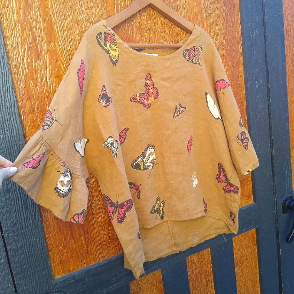 Viola Borghi Made in Italy Linen Butterfly Brown Bow sleeves scoop neck shirt